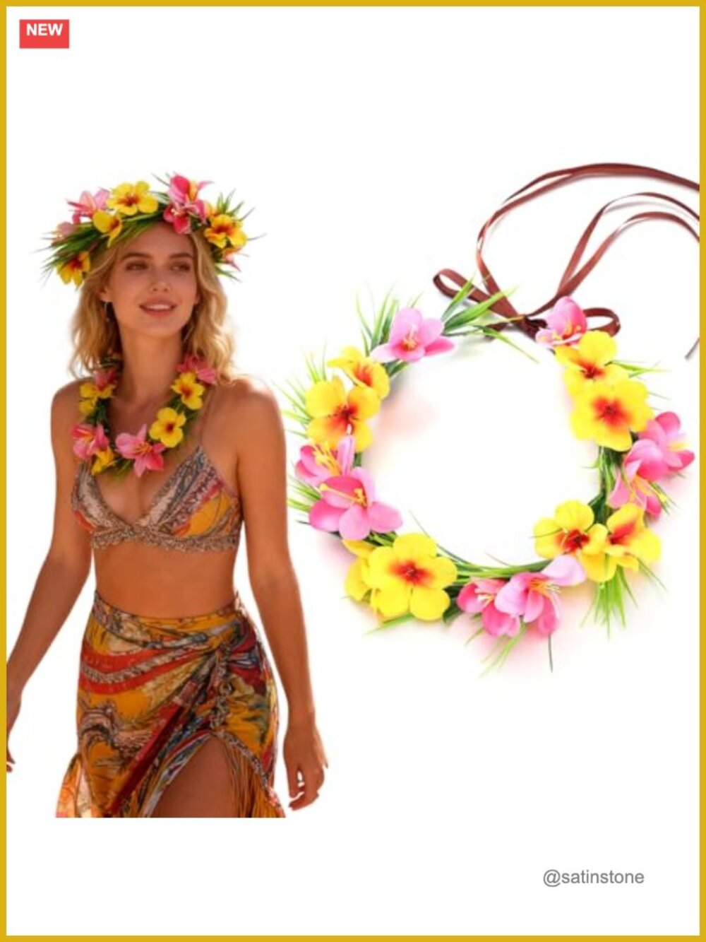Tropical Hawaiian Flower Crown Headband Adjustable Luau Party Lei Headpiece